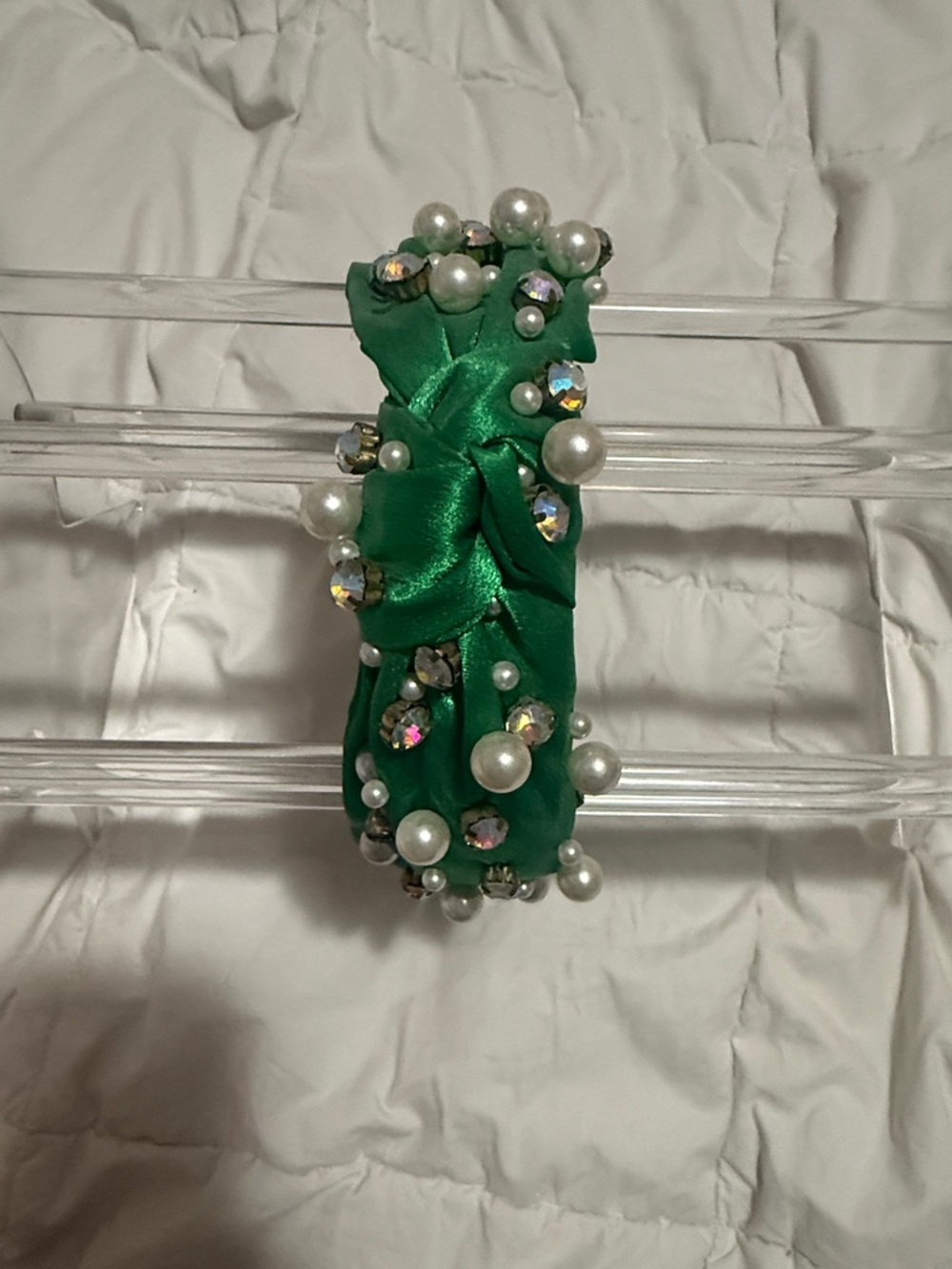 Embellished Green Satin Knot Headband with Pearls and Crystals